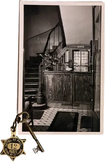 Photo ancienne de la réception et clé de chambre de l'Hôtel Saint-Paul, Paris
